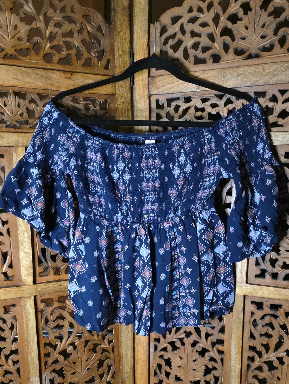 Hollister Navy Floral Off-Shoulder Peasant Top
